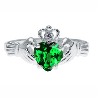 Sterling Silver Diamond Green Tourmaline October Birthstone Heart Irish Claddagh
