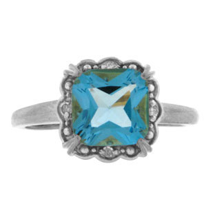 Diamond Cushion-Cut Blue Topaz Birthstone Sterling Silver Ring