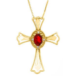 Diamond Oval Ruby July Birthstone Cross Pendant In Yellow Gold