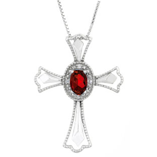 Diamond Oval Garnet January Birthstone Cross Pendant In White Gold