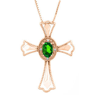 Diamond Oval Emerald May Birthstone Cross Pendant In Rose Gold