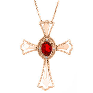 Diamond Oval Ruby July Birthstone Cross Pendant In Rose Gold