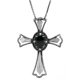 Diamond Black Onyx Birthstone Cross Pendant In Black Rhod White Gold