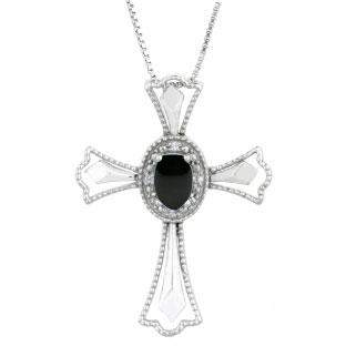 Diamond Oval Black Onyx Birthstone Cross Pendant In Sterling Silver