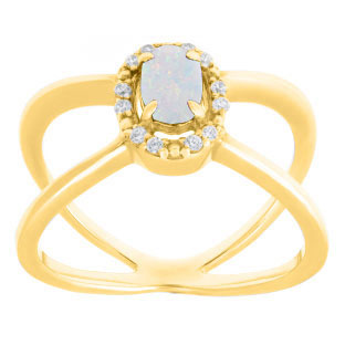 Opal October Birthstone Diamond Double Wave Gemstone Ring In Yellow Gold