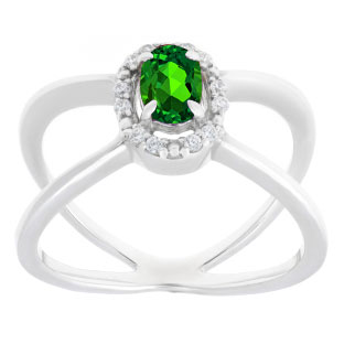 Emerald May Birthstone Diamond Double Wave Gemstone Ring In White Gold