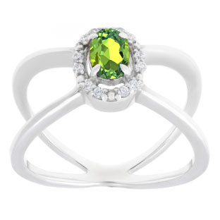 Peridot August Birthstone Diamond Double Wave Gemstone Ring In White Gold