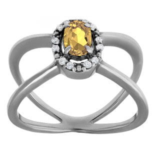 Citrine November Birthstone Diamond Double Wave Ring Black Rhodium White Gold