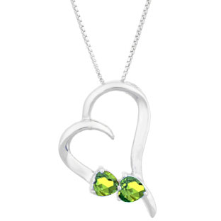 Two Stone Peridot August Birthstone Heart Gemstone Pendant In White Gold