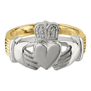Two-Tone Yellow White Gold Irish Claddagh Ring For Men