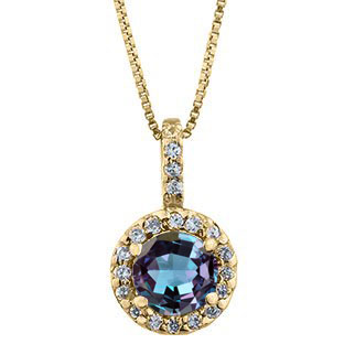 Halo Jewelry - Alexandrite Birthstone Diamond Halo Pendant In Yellow Gold