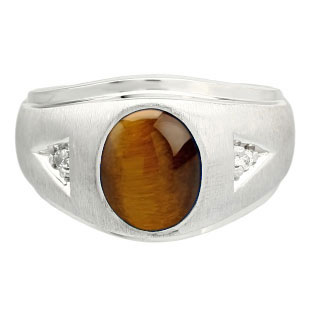 Diamond Cabochon Tiger Eye Gemstone Men's Sterling Silver Ring
