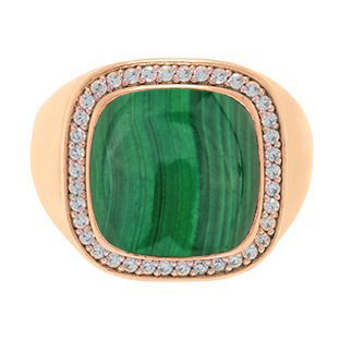 Mens Big Malachite Diamond Signet Ring In Rose Gold By Gemologica