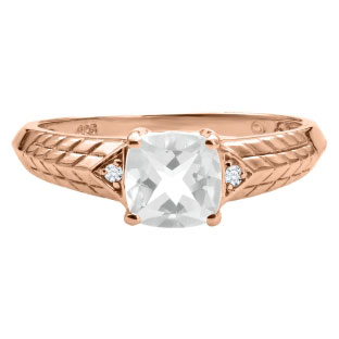 Diamond Cushion Cut White Topaz April Birthstone Rose Gold Ring