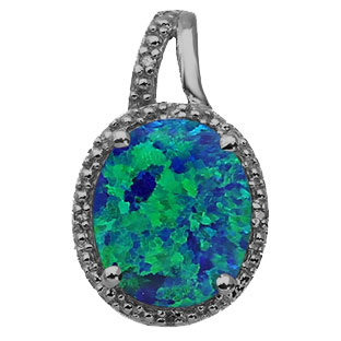 Large Oval Cut Australian Opal Stone Diamond Black Gold Pendant