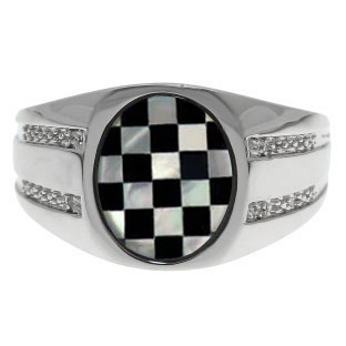 Oval Black Onyx Mother Of Pearl Diamond Men's Ring In Silver