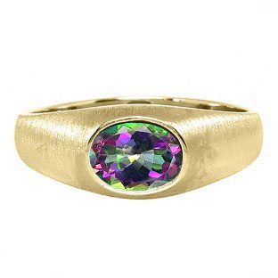 East-West Oval Cut Mystic Topaz Yellow Gold Pinky Ring For Men