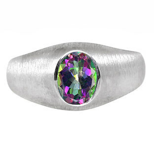 White Gold Pinky Ring For Men Oval-Cut Mystic Topaz Gemstone