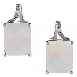 Emerald-Cut Opal Birthstone Diamond White Gold Stud Earrings
