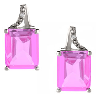 Emerald-Cut Pink Sapphire Birthstone Diamond White Gold Stud Earrings
