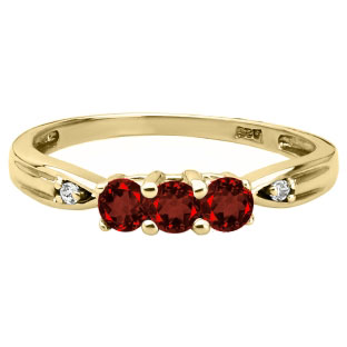 3 Stone Round Cut Garnet Gemstone Diamond Yellow Gold Ring
