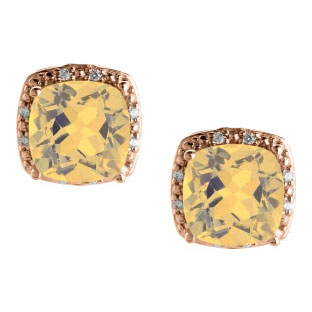 Cushion Cut Citrine November Gemstone Rose Gold Diamond Earrings