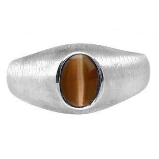 White Gold Pinky Ring For Men Oval-Cut Brown Cat Eye Gemstone