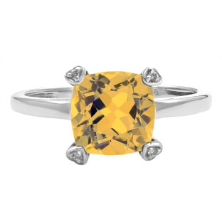 Cushion Cut Citrine Diamond Silver Simple Ring Gemstone Jewelry