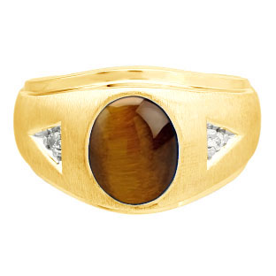 Diamond and Oval Tiger Eye Gemstone Men's Yellow Gold Ring - Gemologica ...