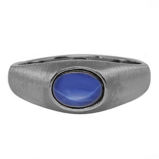 East-West Oval Cut Blue Star Sapphire In Black Rhodium Plated White Gold Pinky R