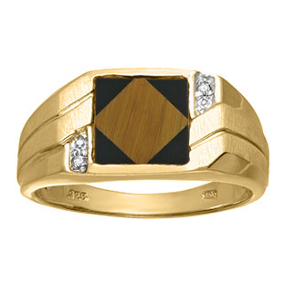 Men's Square Tiger Eye Onyx Matrix Diamond Ring In Yellow Gold ...