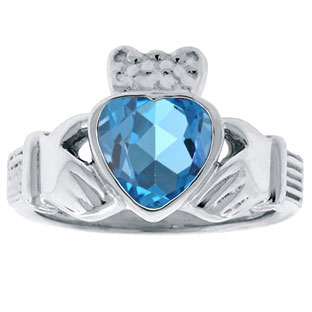 Blue Topaz Birthstone Heart Irish Claddagh Symbol Wedding Ring In Silver
