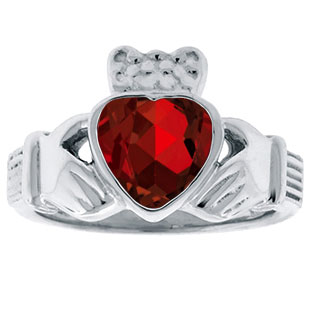 Garnet Birthstone Heart Irish Claddagh Symbol Wedding Ring In Silver