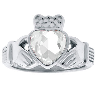 White Topaz Birthstone Heart Irish Claddagh Symbol Wedding Ring In Silver