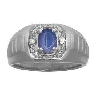 Diamond Black Rhodium Plated White Gold Men's Blue Star Sapphire Ring