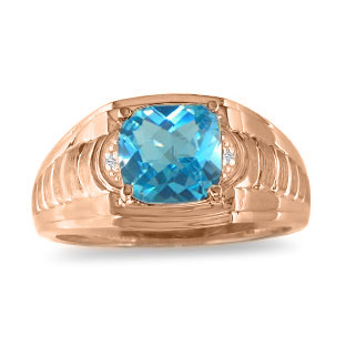 Blue Topaz Diamond Men's Cushion Cut Ring Rose Gold