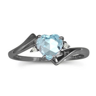 Diamond Heart Shaped Blue Aquamarine Stone Black Rhodium Plated White Gold Ring