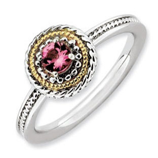 Round Cut Pink Tourmaline Sterling Silver 14K Gold Stacking Ring ...