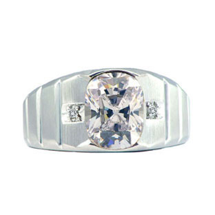 Men's White Gold Diamond Antique Cushion Cut White Topaz Ring